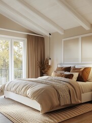 A cozy modern bedroom featuring a large bed with many pillows