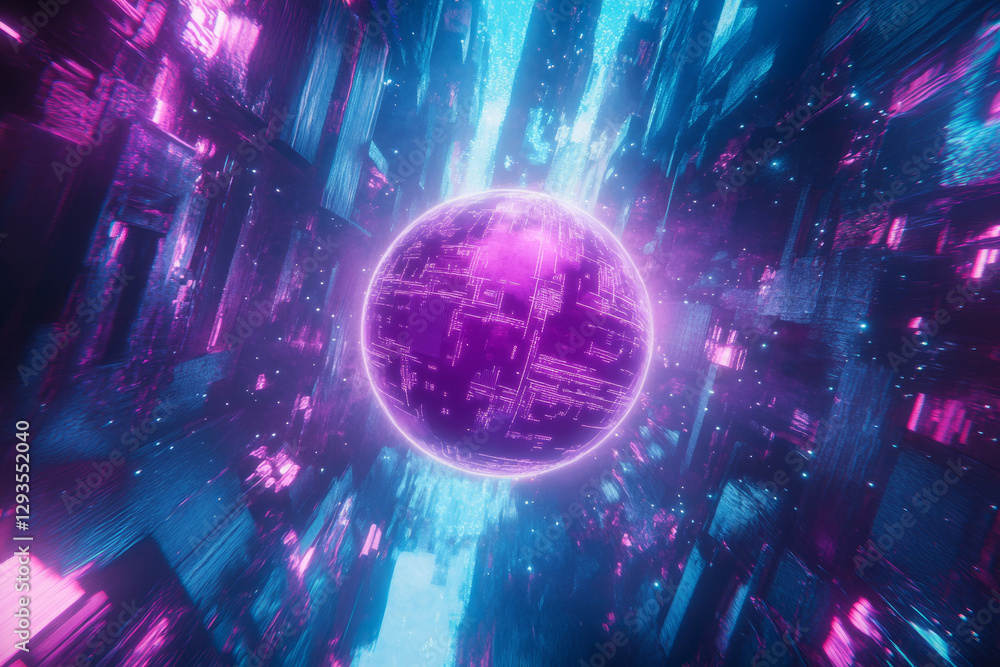 Poster a high-tech data sphere floating in cyberspace, surrounded by glowing neon pathways, holographic pro