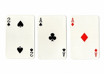 A hand of three playing cards showing a pair on a white background.