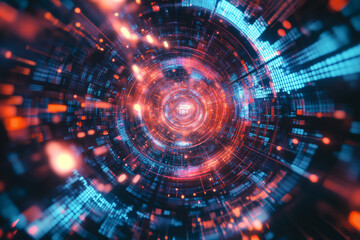 A mesmerizing futuristic AI-generated fractal, composed of swirling holographic digital data clusters, glowing cybernetic connections, and pulsating quantum energy waves. The high-tech background