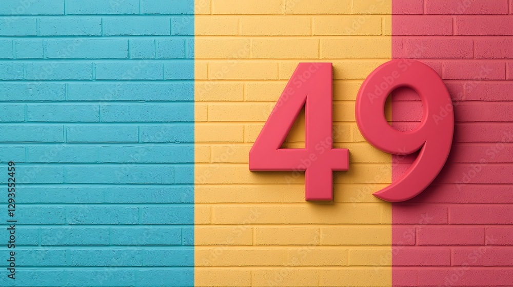 Poster a vibrant wall features bold colors with the number 49 prominently displayed in a playful font.