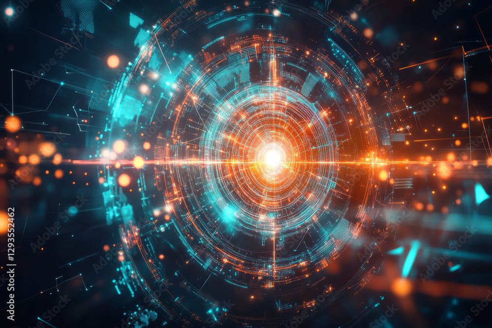 Poster a floating holographic data core, surrounded by glowing cybernetic energy waves, futuristic digital 