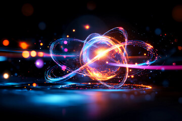 Obraz premium Magnified neutron at the center of an atom with swirling energy fields and glowing trails, its core radiating light in a dark, infinite space background