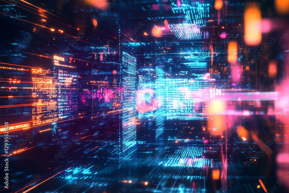 Poster a futuristic representation of augmented reality, featuring glowing cybernetic interfaces, holograph
