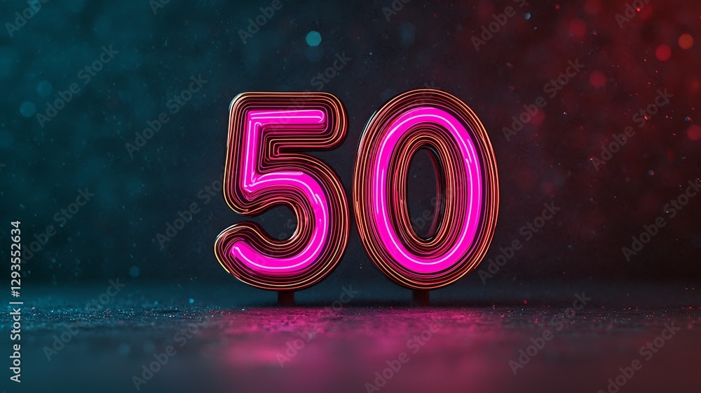 Poster a glowing neon sign displaying the number 50, set against a colorful background, creating a vibrant 
