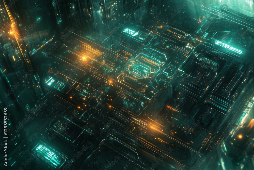 Poster technology, abstract, background featuring a complex network of glowing circuits and holographic dat