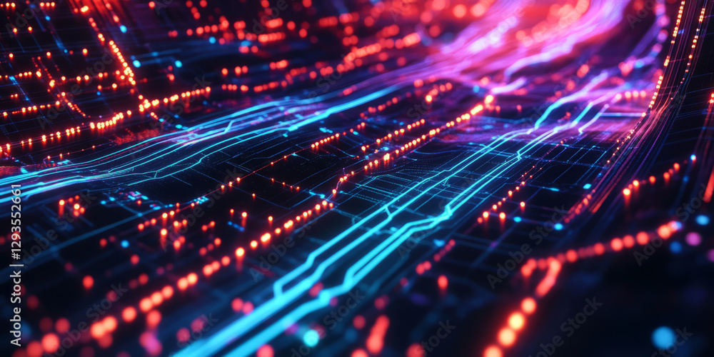 Poster A futuristic AI-powered cyberspace, featuring glowing digital nodes, swirling cybernetic data streams, and pulsating holographic neural pathways. The high-tech abstract background represents