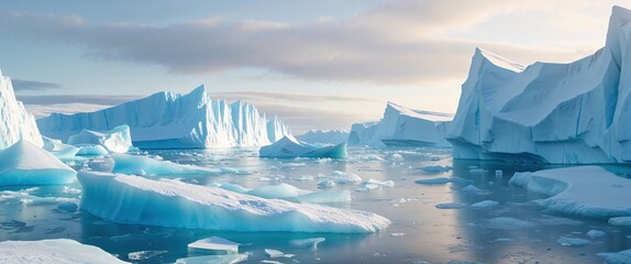 Bright hues of blue and white dominate this Arctic vista where massive glaciers rise dramatically from calm waters, reflecting the soft light of the early morning