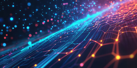 Fototapeta premium A mesmerizing abstract background featuring shifting layers of hexagonal neon tiles, dynamically glowing in an intricate, futuristic sequence. The cybernetic energy flow and seamless design evoke a