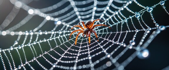 Obraz premium A small spider intricately weaves its web in a peaceful outdoor environment. Dewdrops glisten on silk strands, capturing the soft morning light and creating a captivating scene of nature's beauty