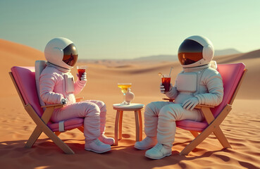 Two astronauts in spacesuits sit on pink beach chairs with cocktails on Mars. Futuristic desert vacation on another planet. Space tourism development. Extraterrestrial rest on the red planet.
