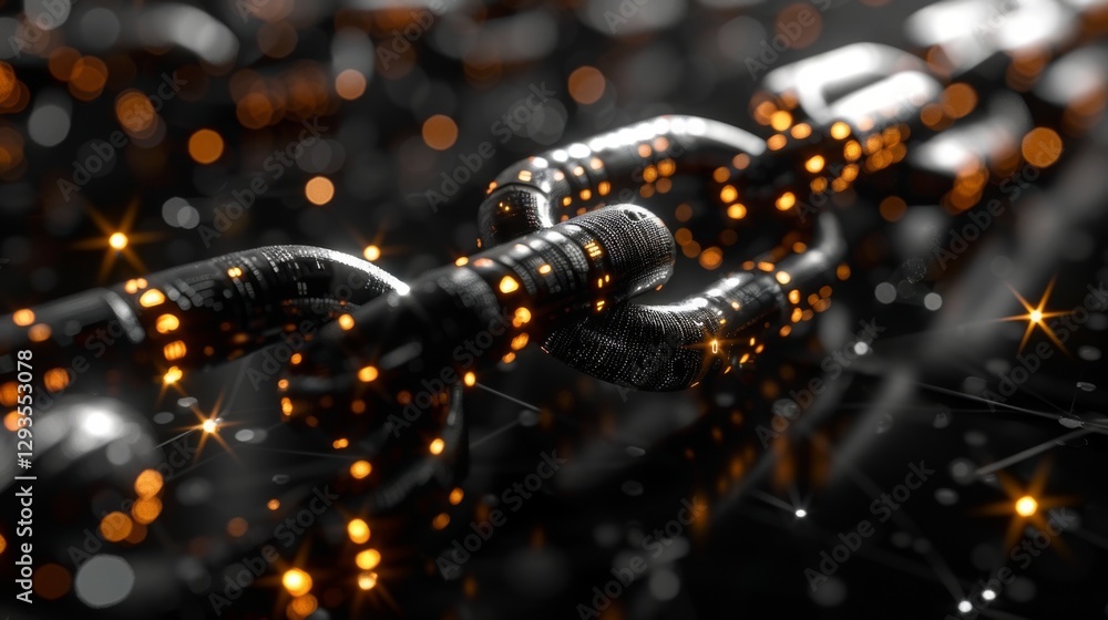 Poster Glowing chain links intertwine, illustrating digital connectivity and security in a dark, tech inspired setting with sparkling lights enhancing the atmosphere.