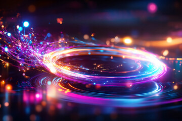 Electron traveling along an intricate path with glowing lines and vibrant energy rings in a colorful cosmic environment, representing a futuristic and dynamic energy flow