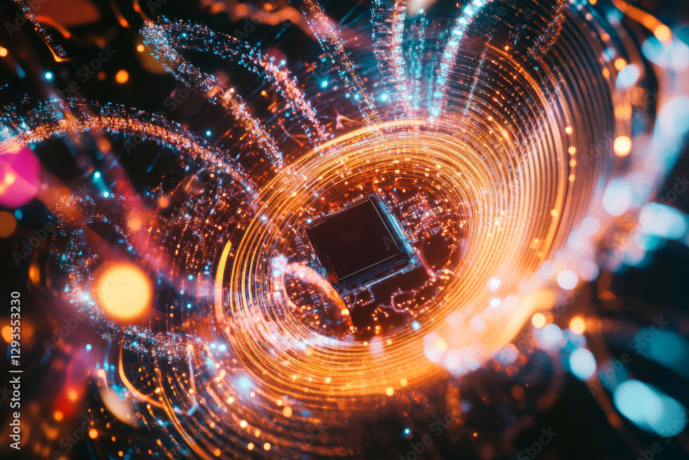 Poster a glowing futuristic quantum chip, surrounded by swirling cybernetic energy trails, holographic data