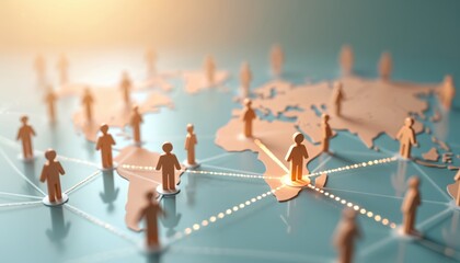 Global network communication concept featuring human figurines connected by lines on world map. Image worldwide business collaboration, remote work, international relations, connectivity.
