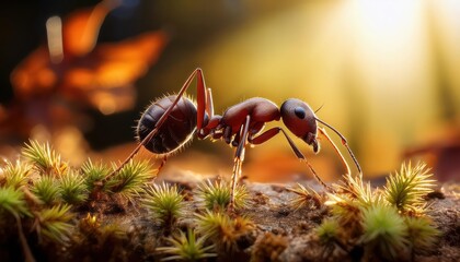 Vibrant Closeup of a Forest Ant among Detailed Leaves and Mossy Textures, Discovering Hidden Beauty in the Enchanting Greenwood Kingdom