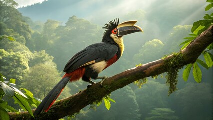 Obraz premium large crowned bird with black, red, and gold feathers perched on a branch in lush green forest