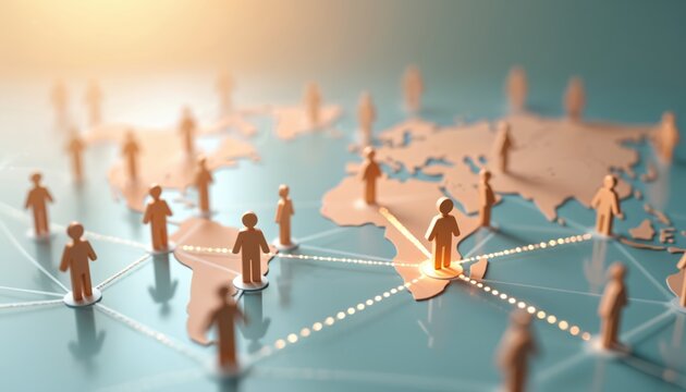 Global network communication concept featuring human figurines connected by lines on world map. Image worldwide business collaboration, remote work, international relations, connectivity.