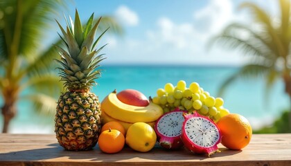Tropical fruits on wooden table with turquoise sea background. Pineapple, mango, bananas, grapes, oranges, lemon, dragon fruit composition. Exotic healthy food, fresh juice, summer vacation smoothie