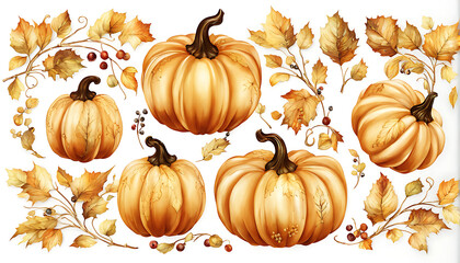 decorative pumpkins with golden leaves and berries