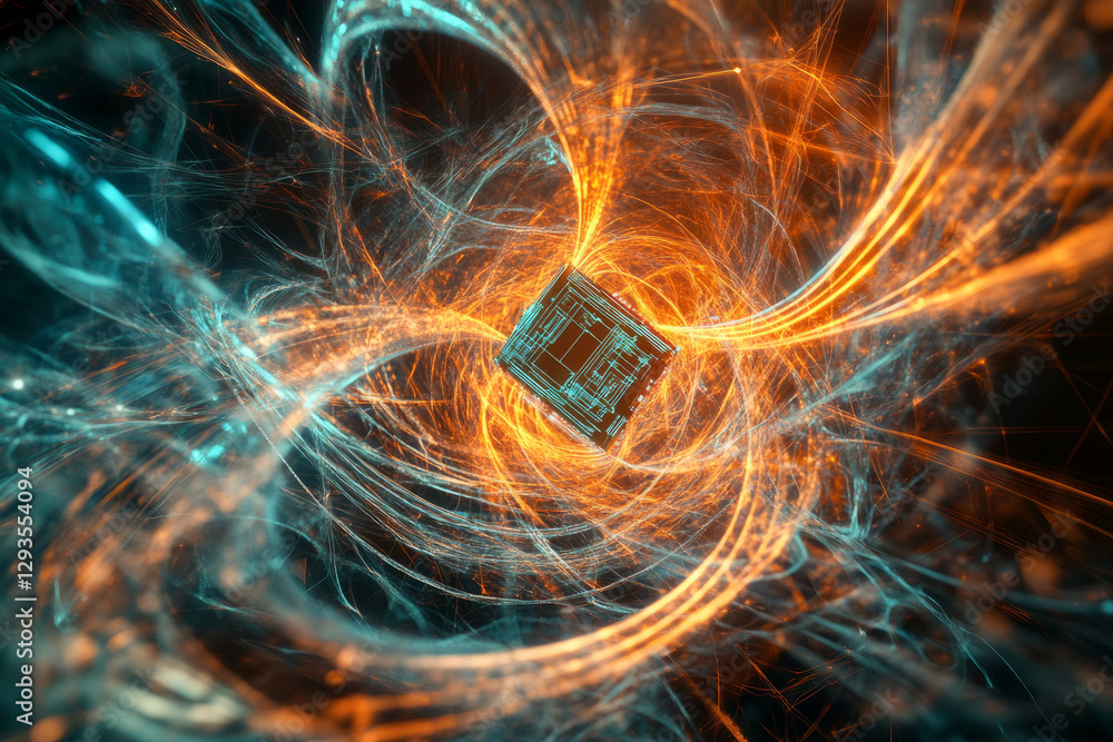 Poster a glowing futuristic quantum chip, surrounded by swirling cybernetic energy trails, holographic data