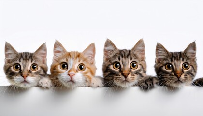 Four Playful Cats Gazing Over a Clean, White Surface, Capturing Their Inquisitive Nature in a Brightly Lit Room with Soft Shadows.