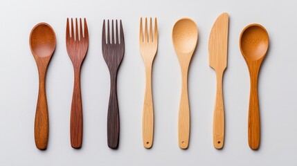 Variety of Wooden Utensils Displayed on Gray Background