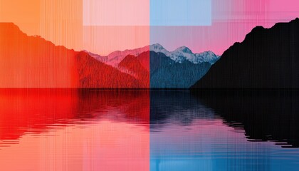 An AI-driven dream slowly collapsing, glitching between vibrant neon utopias and pixelated static distortions