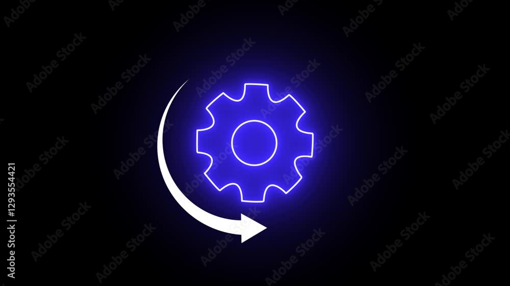Poster glowing neon setting icon with arrow rotate animation on black background.
