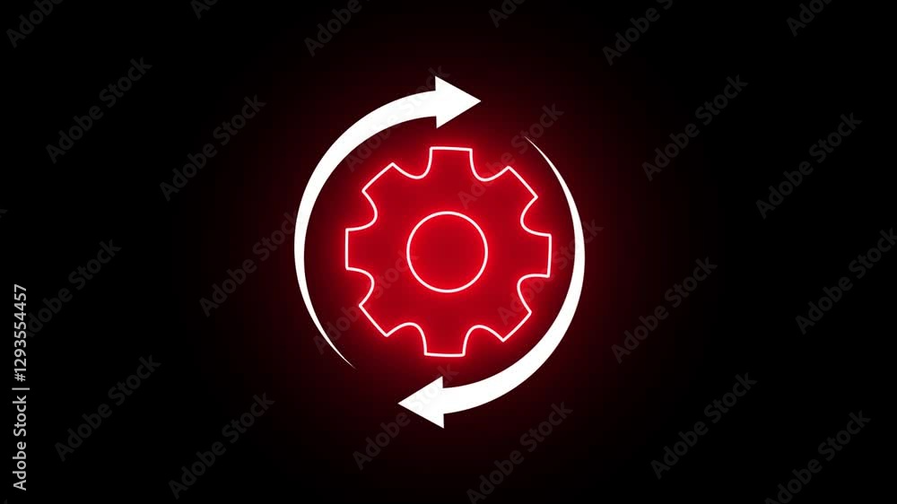 Poster glowing neon setting icon with arrow rotate animation on black background.