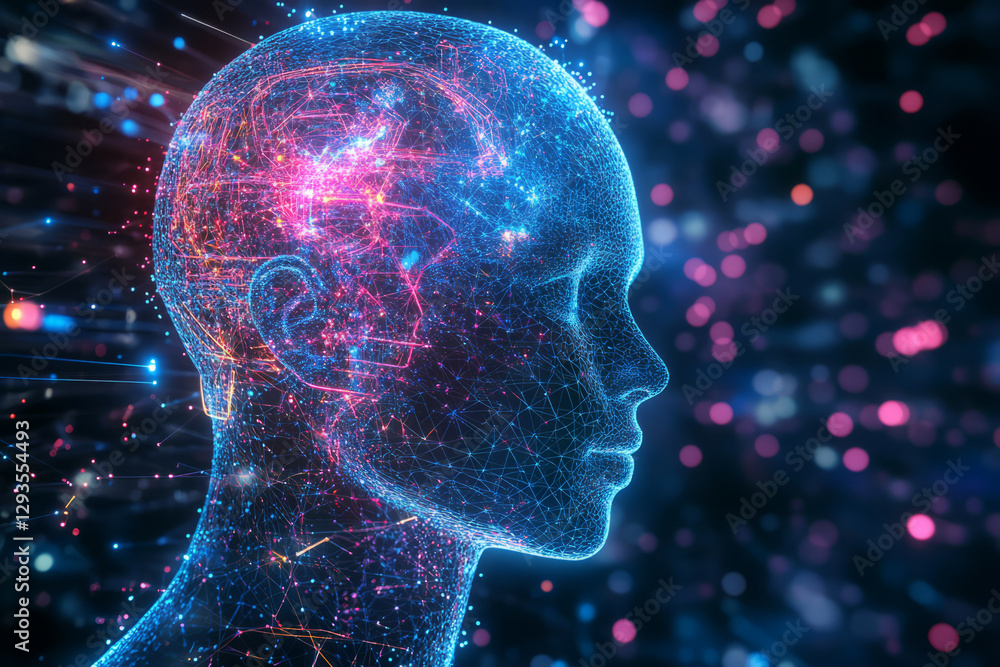 Poster a glowing futuristic ai-driven digital twin, composed of swirling cybernetic energy trails, pulsatin