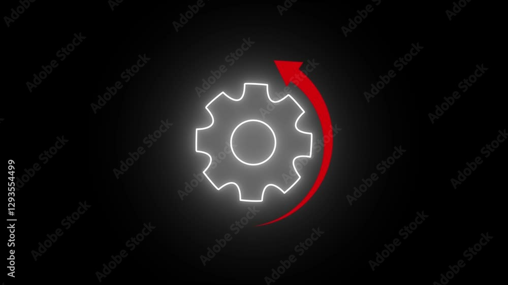 Poster glowing neon setting icon with arrow rotate animation on black background.