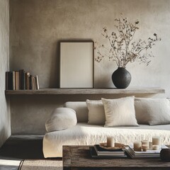 A white couch with pillows on it sits in front of a shelf with books. A vase with flowers sits on the shelf