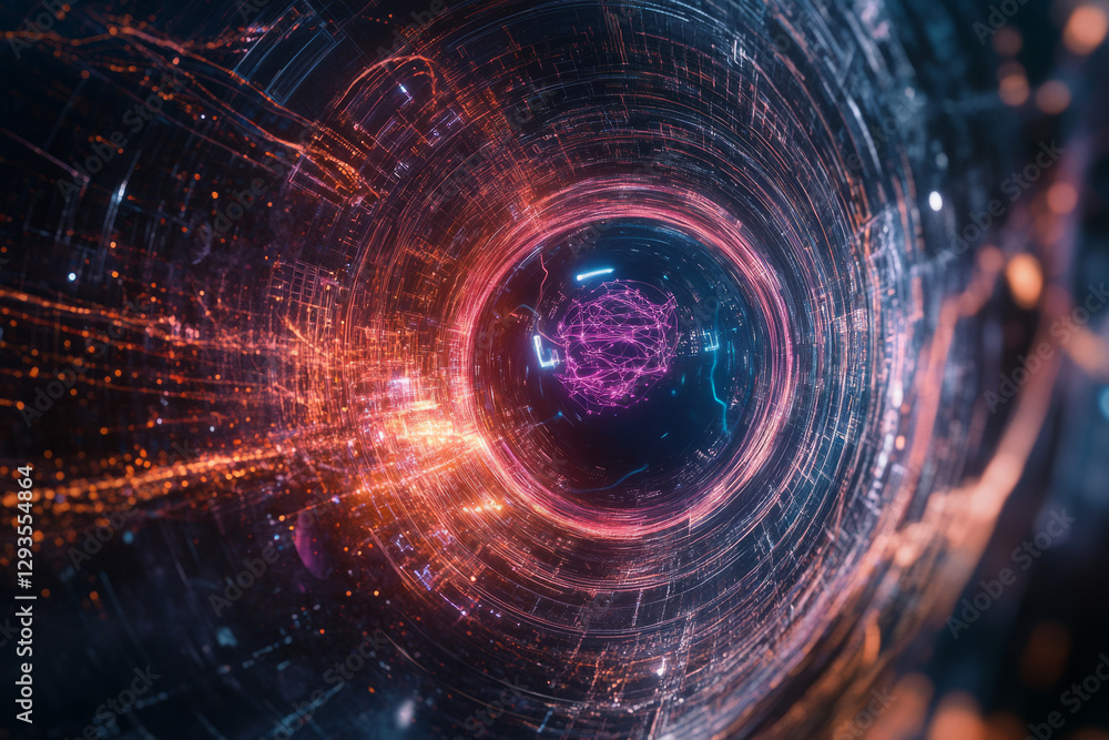Poster a futuristic ai-powered virtual assistant, displayed as a glowing cybernetic hologram, surrounded by