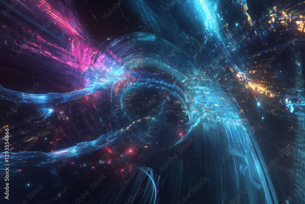 Poster a futuristic visualization of a high-speed ai-driven data highway, featuring glowing cybernetic conn
