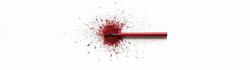 Vibrant Red Pencil and Surrounding Shattered Powder on White Surface