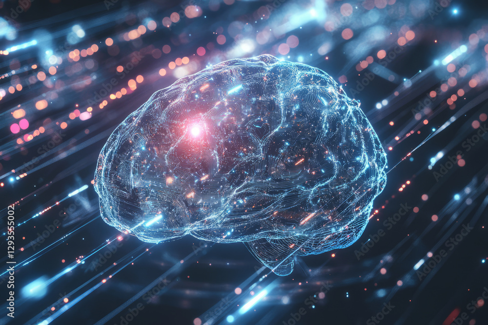 Poster a stunning visualization of a futuristic cybernetic brain, composed of glowing neural connections, a