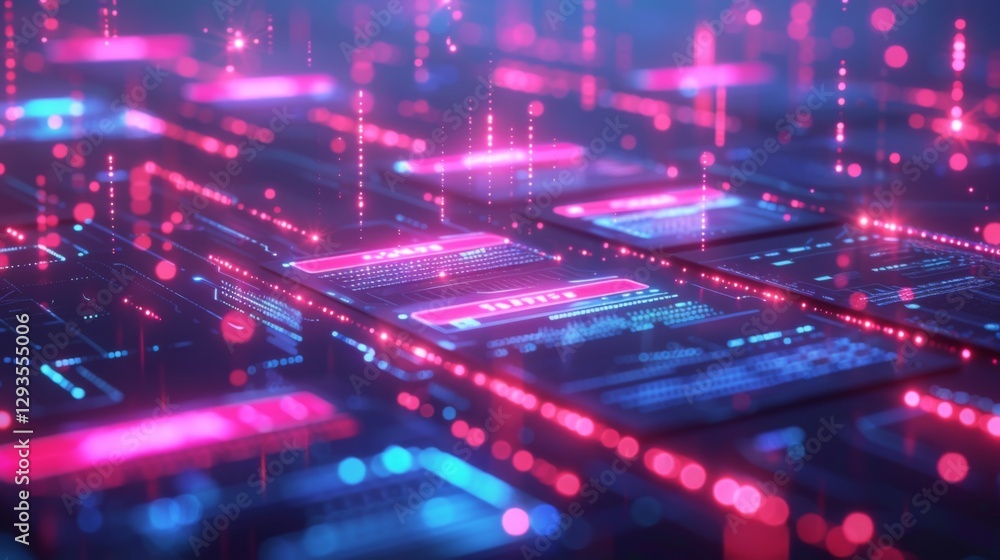 Poster A visually striking digital environment presents interconnected data panels illuminated by bright pink and blue lights, evoking a sense of technology and innovation in an advanced realm.