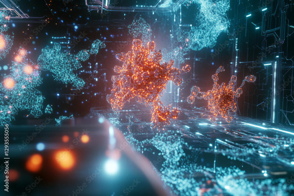 Poster a stunning abstract rendering of quantum energy waves, forming a glowing digital fractal. the futuri