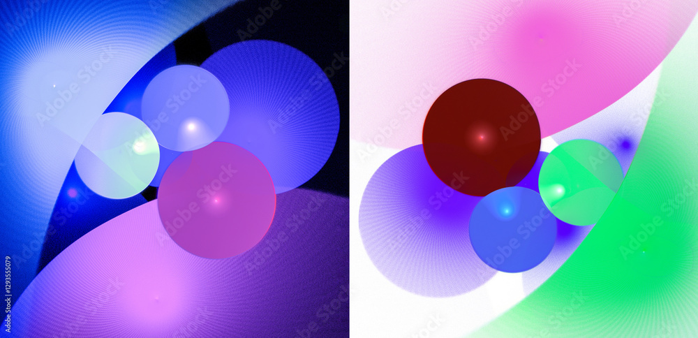 Poster two abstract fractal backgrounds in one. colorful illuminated balls of different sizes on black and 