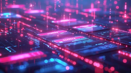 Fototapeta premium A visually striking digital environment presents interconnected data panels illuminated by bright pink and blue lights, evoking a sense of technology and innovation in an advanced realm.