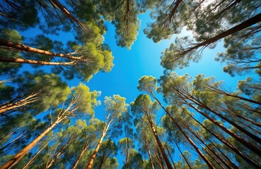 Looking up at gum trees bush canopy against blue sky in Australia. Australian nature landscape with native eucalyptus forest, green foliage. Regenerative forestry, nature sustainability, woodland