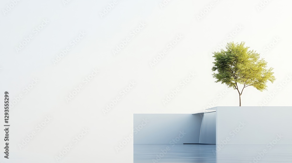 Poster minimalist landscape with single tree and modern architecture elements