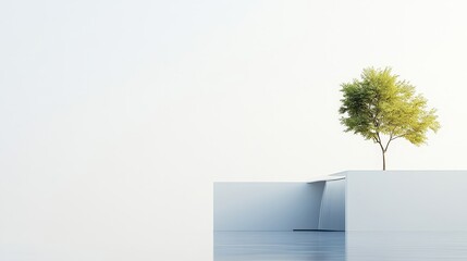 Obraz premium Minimalist Landscape with Single Tree and Modern Architecture Elements