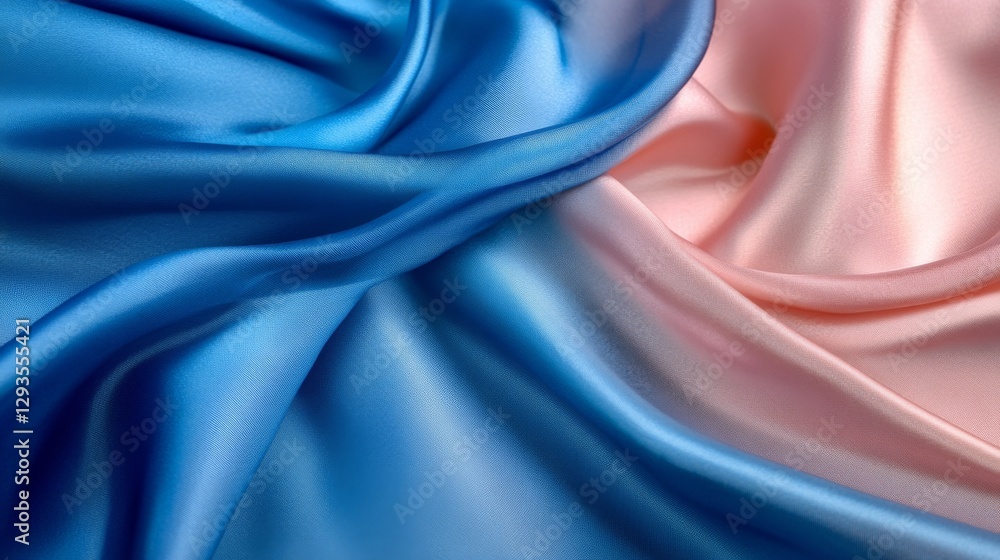 Poster soft pink and blue satin fabric texture with gentle folds, smooth and luxurious feel. elegant textil
