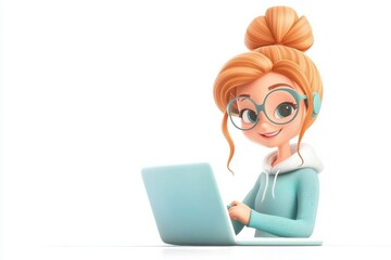Cute cartoon blogger writing articles on laptop in cozy home office environment