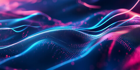Obraz premium A surreal abstract background with softly pulsating neon waves, dynamically forming intricate energy patterns in a futuristic digital expanse. The high-tech fluidity and glowing motion evoke an