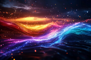 Glowing photon trails traveling through dark space, emitting waves in a vibrant gradient of red, orange, and yellow, creating a soft fading glow