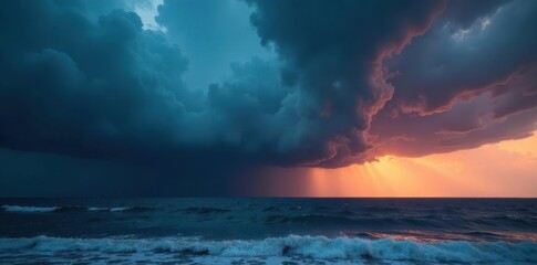 Obraz premium Imposing storm clouds unleashing fury on the sea, powerful storm, coastal storm