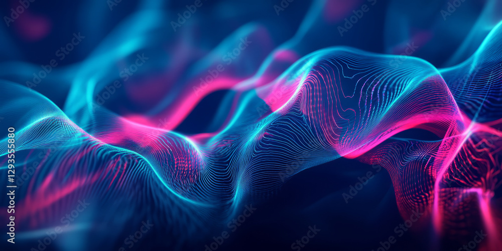 Poster a high-tech abstract background featuring layered, pulsating neon waves, seamlessly cascading in a m